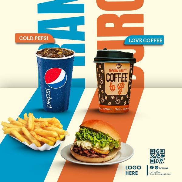 burger, french fries, soft drink, coffee cup, takeout food, fast food, brand awareness, minimalist, modern typography, energetic, playful, neutral, blue, orange